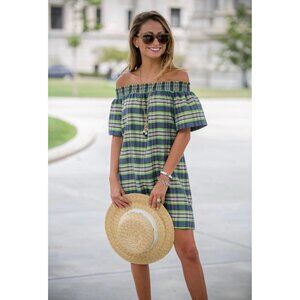 J. Crew Collection Silk Madras Off The Shoulder Emerald Plaid Dress 6 EUC